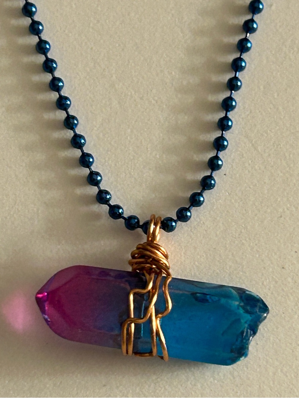 NWOT Necklace Aura Quartz crystal purple ocean blue 1.5” stone, 24”  Ball chain